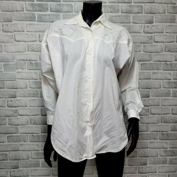 Vintage 90s Cotton Express Womens M White Button Front‎ L/S Tie Waist Lace Trim - Picture 5 of 7